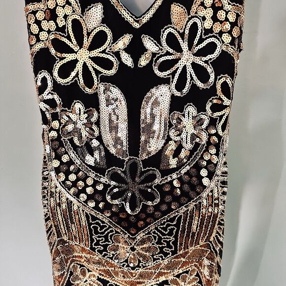 Retro Flapper Dress L Sequin Showgirl Black Fringe Roaring 20s Gatsby Burlesque - Picture 8 of 12